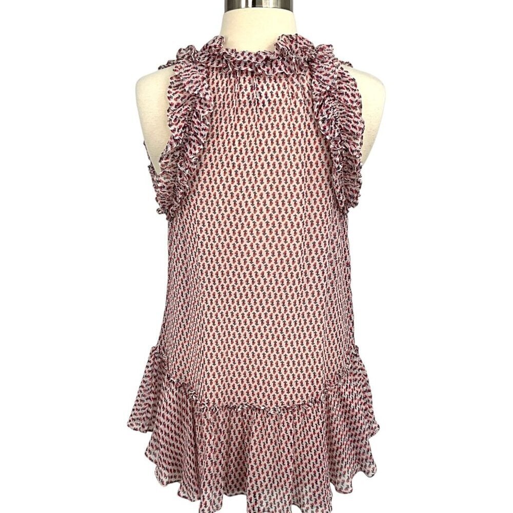 Figue Vera Tassel Top in Multi Red Ruffled Sheer Size S 100% Silk Sleeveless - Picture 5 of 9